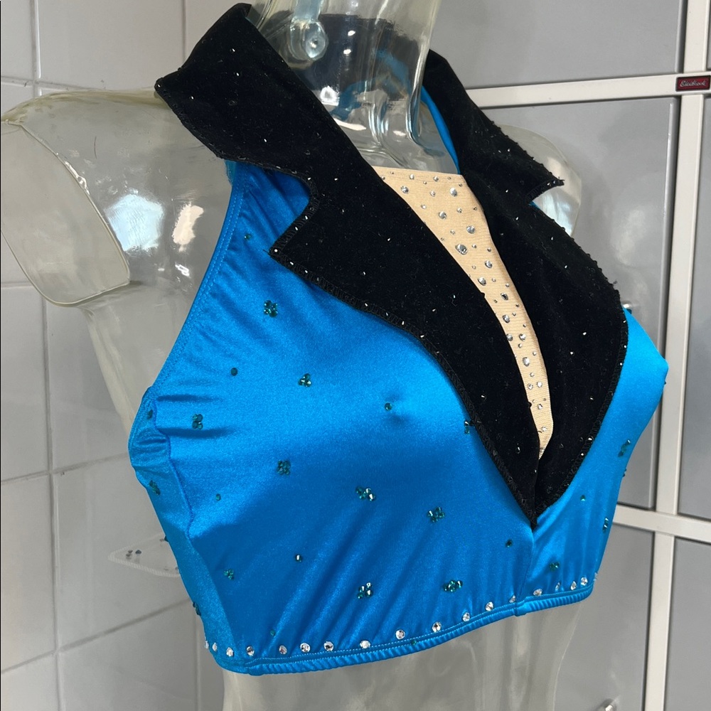 Spandex Tux Mega Bedazzled Pro Dance Halter Crop Top M